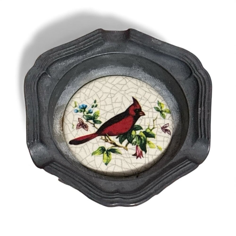 Vintage Pewter Ceramic Ashtray Red Cardinal Bird‎ Mid Century Decor Trinket Dish